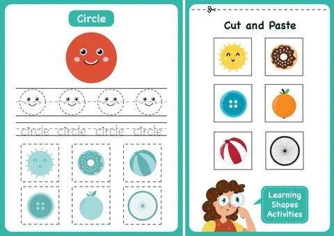 Learning shapes activity page - circle. Geometric shapes worksheets for kids Stock Illustration