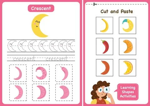 Learning shapes activity page - crescent. Geometric shapes worksheets for kids Stock Illustration