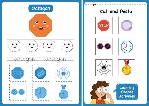 Learning shapes activity page - octagon. Geometric shapes worksheets for kids Stock Illustration