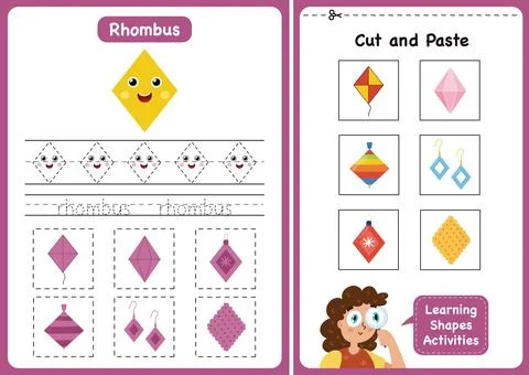 Learning shapes activity page - Rhombus. Geometric shapes worksheets for kids Stock Illustration