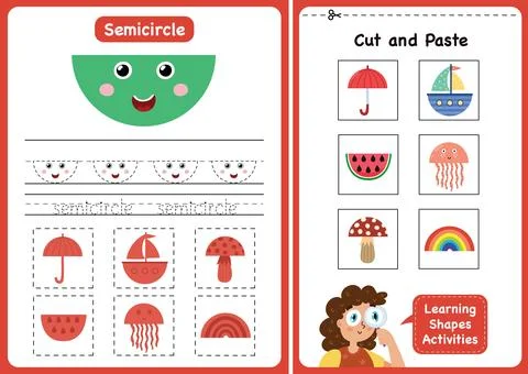Learning shapes activity page - Semicircle. Geometric shapes worksheets for kids Stock Illustration