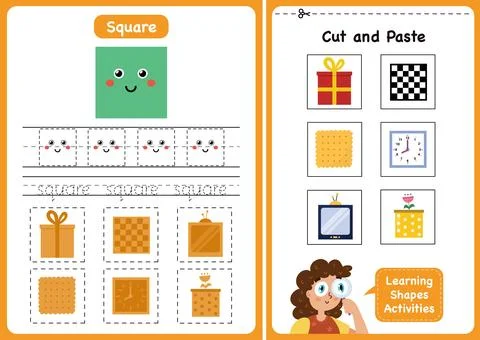 Learning shapes activity page - Square. Geometric shapes worksheets for kids Stock Illustration