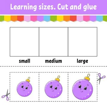 Learning sizes. Cut and glue. Easy level. Christmas theme. Color activity wor Illustrazione stock