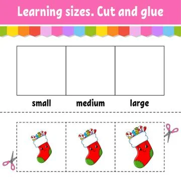 Learning sizes. Cut and glue. Easy level. Christmas theme. Color activity wor Illustrazione stock