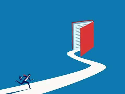 Learning something new. Businessman running to the open book door 스톡 일러스트