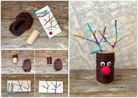 Learning-step by step how to make a deer from recycling - toilet paper roll. Stock Photos