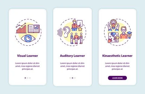 Learning styles onboarding mobile app page screen with concepts Stock Illustration