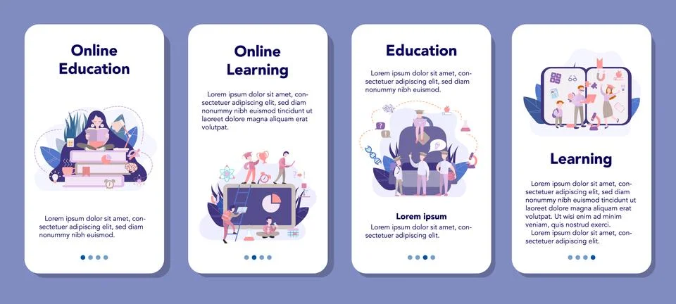 Learning system mobile application banner set, idea of study remotely. 스톡 일러스트