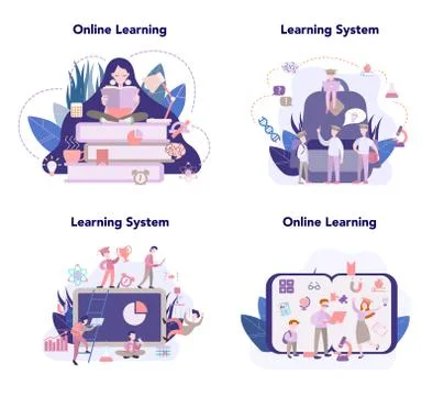 Learning system, online education set, idea of study remotely. Illustrazione stock