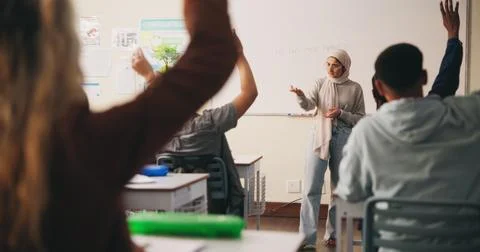 Learning, teacher or raised hand for question in high school, knowledge or Stock Photos