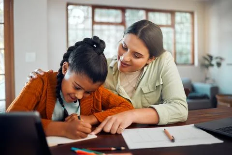 Learning, teaching and mother with child for writing, language and translation Stock Photos