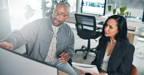 Learning, teamwork and people with documents or computer in office for report Stock Photos