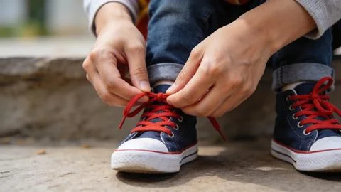 Learning to tide shoelaces two hands bending  Фото
