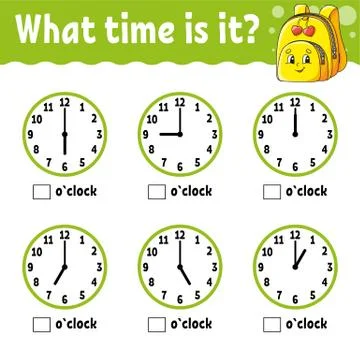 Learning time on the clock. Educational activity worksheet for kids and toddl Illustrazione stock