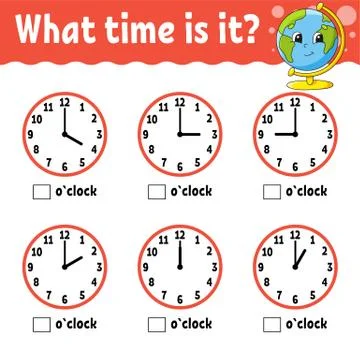 Learning time on the clock. Educational activity worksheet for kids and toddl Stock Illustration