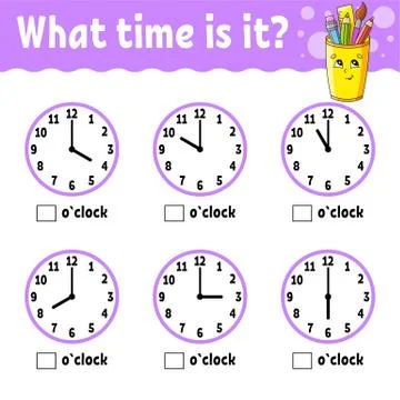 Learning time on the clock. Educational activity worksheet for kids and toddl Stock Illustration