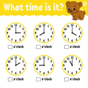 Learning time on the clock. Educational activity worksheet for kids and toddl Stock Illustration