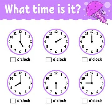 Learning time on the clock. Educational activity worksheet for kids and toddl Illustrazione stock