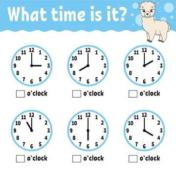 Learning time on the clock. Educational activity worksheet for kids and toddl Stock Illustration