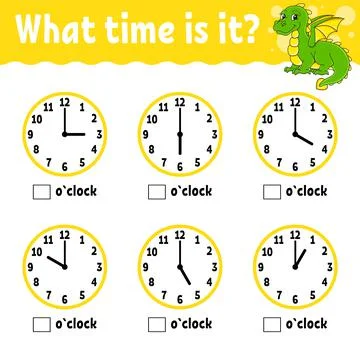 Learning time on the clock. Educational activity worksheet for kids and toddl Stock Illustration