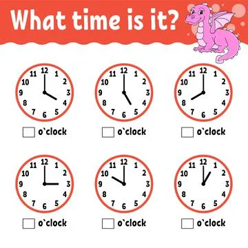 Learning time on the clock. Educational activity worksheet for kids and toddl Stock Illustration