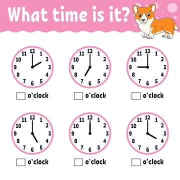 Learning time on the clock. Educational activity worksheet for kids and toddl Stock Illustration