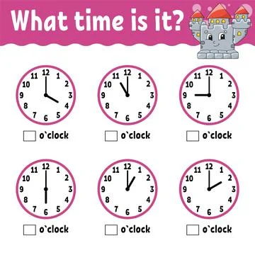 Learning time on the clock. Educational activity worksheet for kids and toddl Stock Illustration