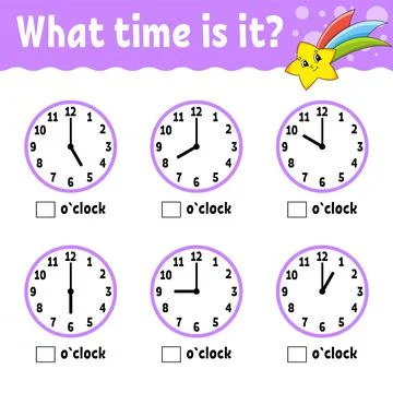 Learning time on the clock. Educational activity worksheet for kids and toddl Stock Illustration