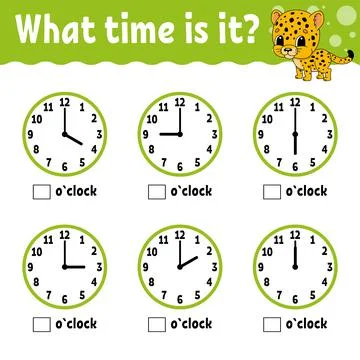 Learning time on the clock. Educational activity worksheet for kids and toddl Stock Illustration