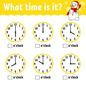 Learning time on the clock. Winter theme. Educational activity worksheet for  Stock Illustration