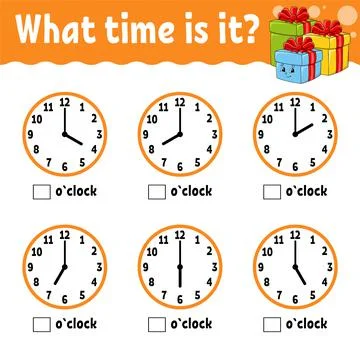 Learning time on the clock. Winter theme. Educational activity worksheet for  Stock Illustration