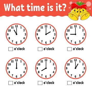 Learning time on the clock. Winter theme. Educational activity worksheet for  Stock Illustration