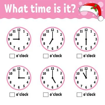 Learning time on the clock. Winter theme. Educational activity worksheet for  Stock Illustration