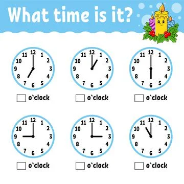 Learning time on the clock. Winter theme. Educational activity worksheet for  Stock Illustration