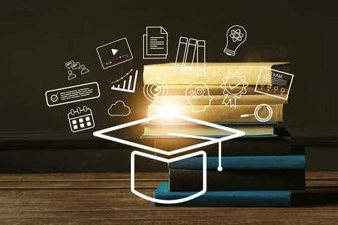 Learning tools and symbols on stacked books Stock Photos