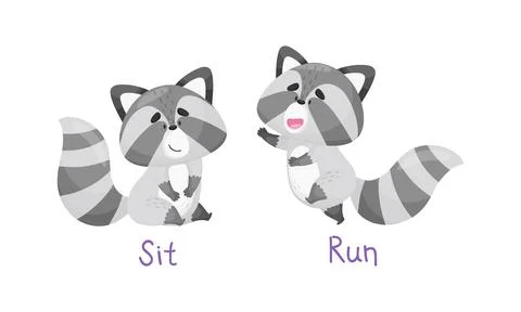 Learning verbs of action set. Cute cat sitting and running. Educational visual 库存插图