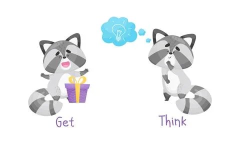 Learning verbs of action set. Cute cat getting and thinking. Educational visual 库存插图