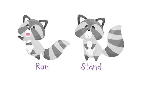 Learning verbs of action set. Cute cat running and standing. Educational visual 스톡 일러스트