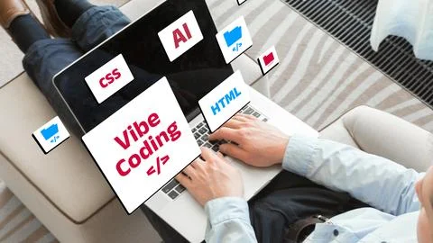 Learning vibe coding concepts with a laptop and software symbols displayed on a Stock Photos