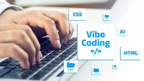Learning vibe coding with hands typing on a laptop keyboard surrounded by Stock Photos