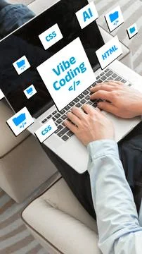 Learning vibe coding with laptop on couch in a cozy indoor space Stock Photos