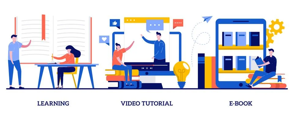 Learning, video tutorial, ebook concept with tiny people. Education and tra.. Stock Illustration