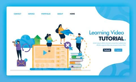 Learning Video Tutorial landing page blue vector concept with flat cartoon ch Stock Illustration