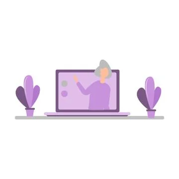 Learning by webinar training and listening to businesswoman on laptop Illustrazione stock