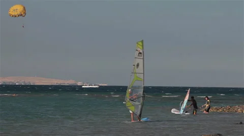 LEARNING TO WIND SURF ON RED SEA, HURGHADA, EGYPT Stock Footage 46712613