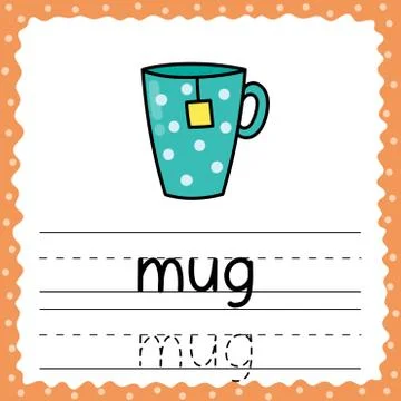 Learning to write word - Mug. Writing practice worksheet for kids Illustrazione stock