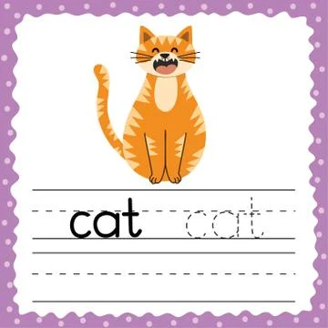 Learning to write words flashcard. Three letters word - Cat. Tracing exercise Stock Illustration