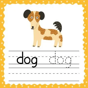 Learning to write words flashcard. Three letters word - Dog. Tracing exercise Stock Illustration