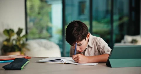 Learning, writing and child on tablet in home for online education, practice and Stock Footage 335516095