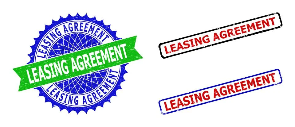 LEASING AGREEMENT Rosette and Rectangle Bicolor Badges with Distress Styles Stock Illustration
